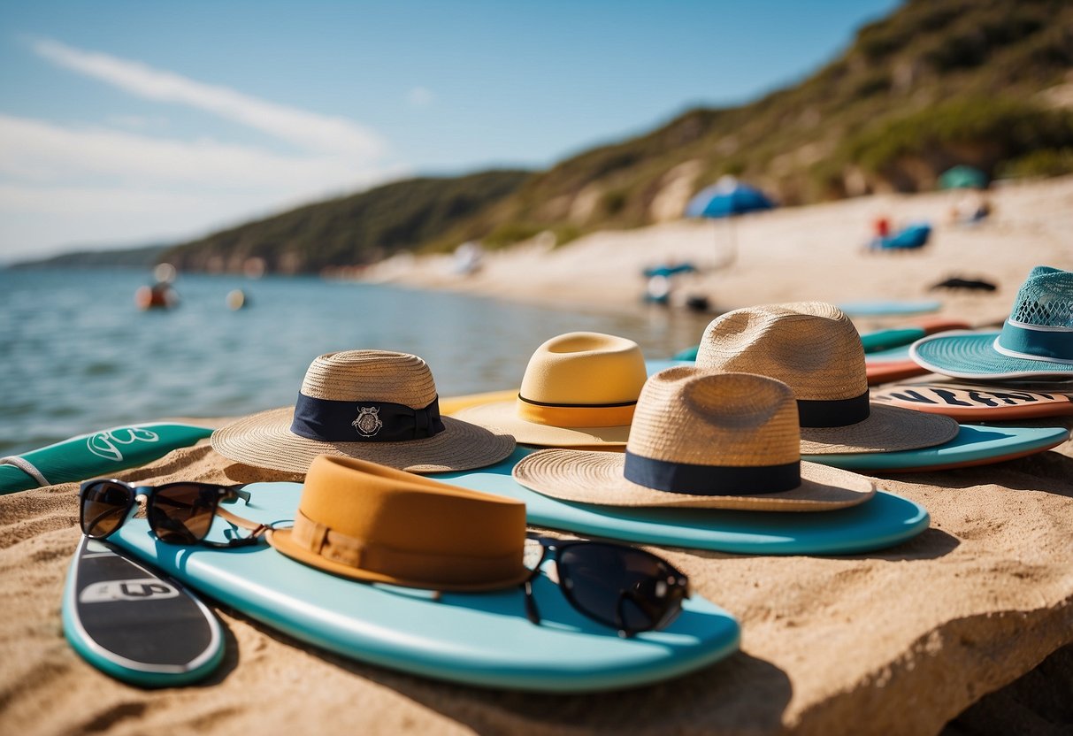 A sunny beach with calm waters, paddleboards, and 5 different lightweight hats displayed on a table for sun protection