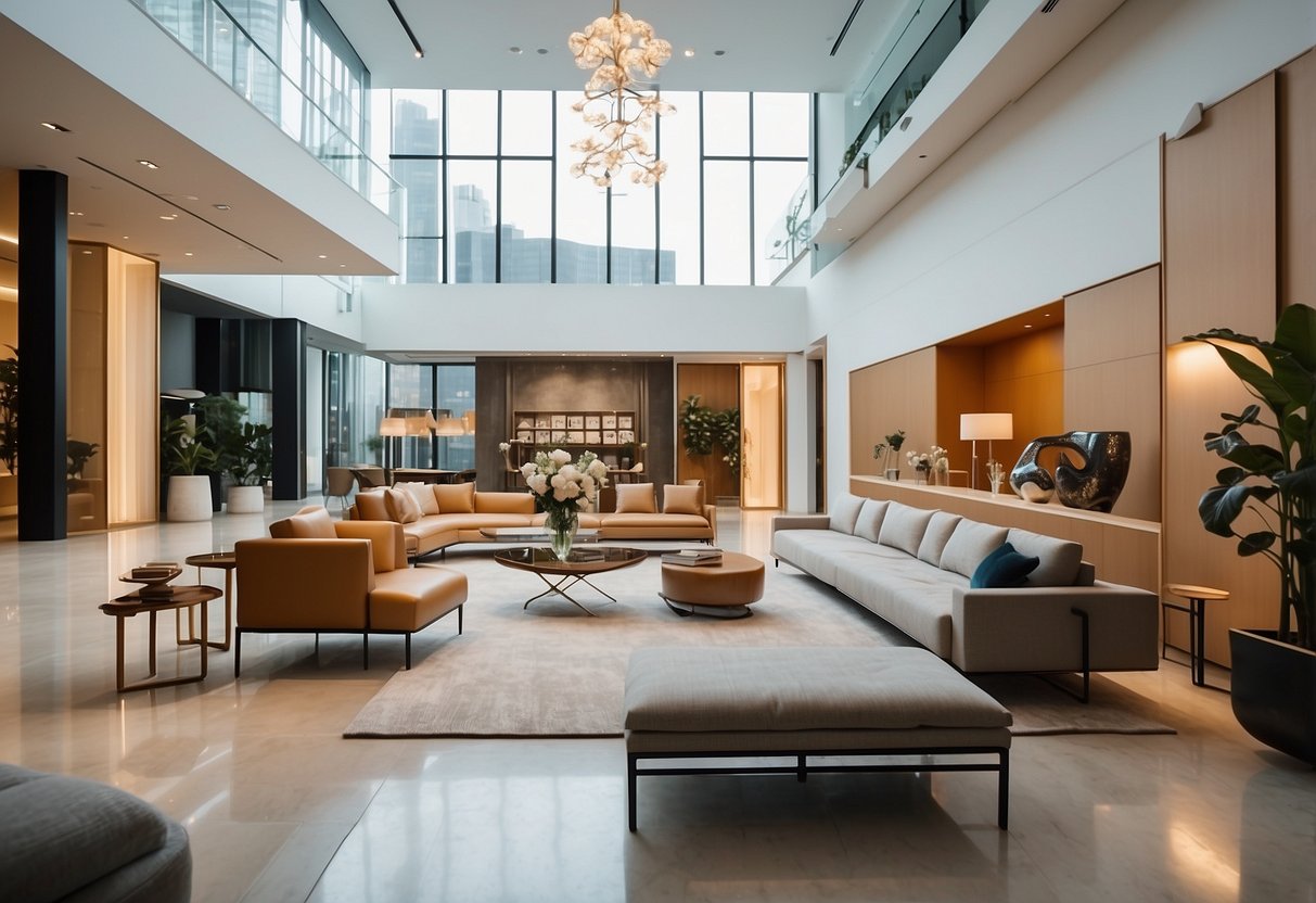 A bright showroom with modern furniture displays and elegant decor. The Kim Leng logo is prominent, and the space exudes a sense of style and quality