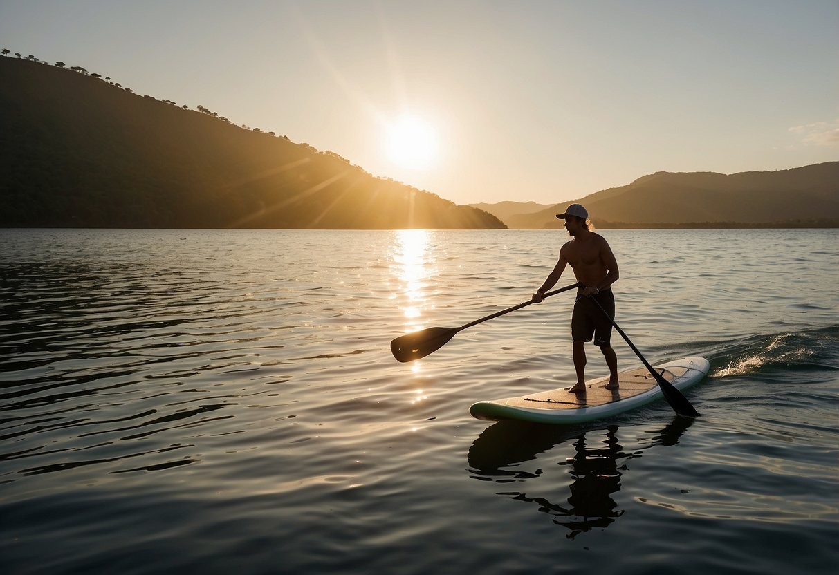 A paddleboarder wears a Sun Runner Cap, gliding across calm waters under a bright sun. The lightweight hat provides sun protection as the paddler enjoys the serene outdoor activity