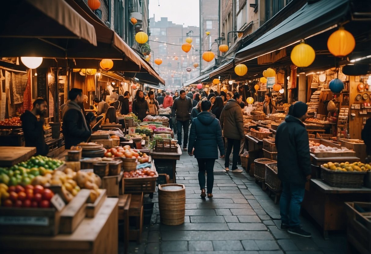 A busy furniture market on Defu Lane, with shoppers browsing and vendors showcasing their products. Brightly colored signs and bustling activity create a lively atmosphere