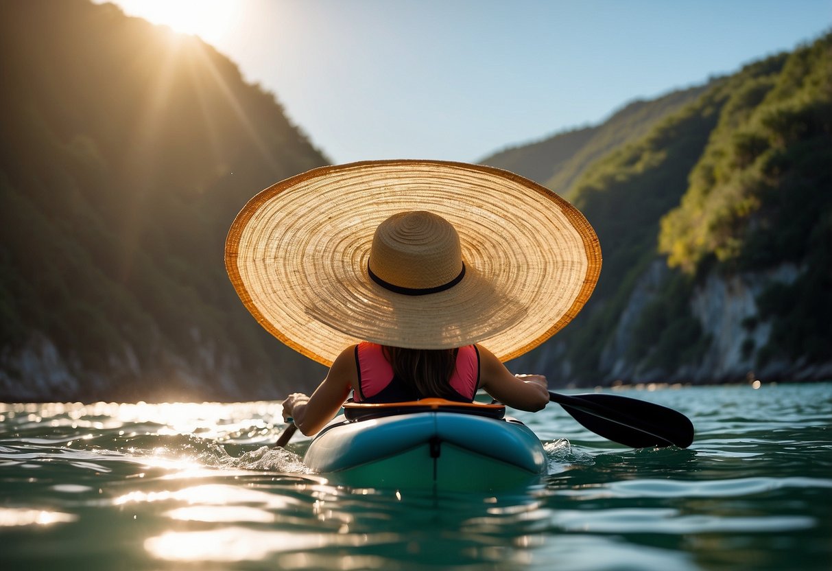 A paddleboarder wearing a lightweight hat to shield from the sun's rays while paddling on calm waters. The hat provides necessary protection against harmful UV rays