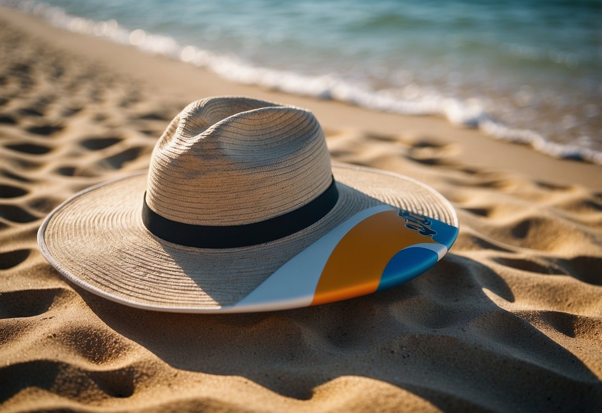 A sunny beach with calm waters, a paddleboard, and a lightweight hat. Sun shining, waves gently lapping, and a hat protecting from UV rays