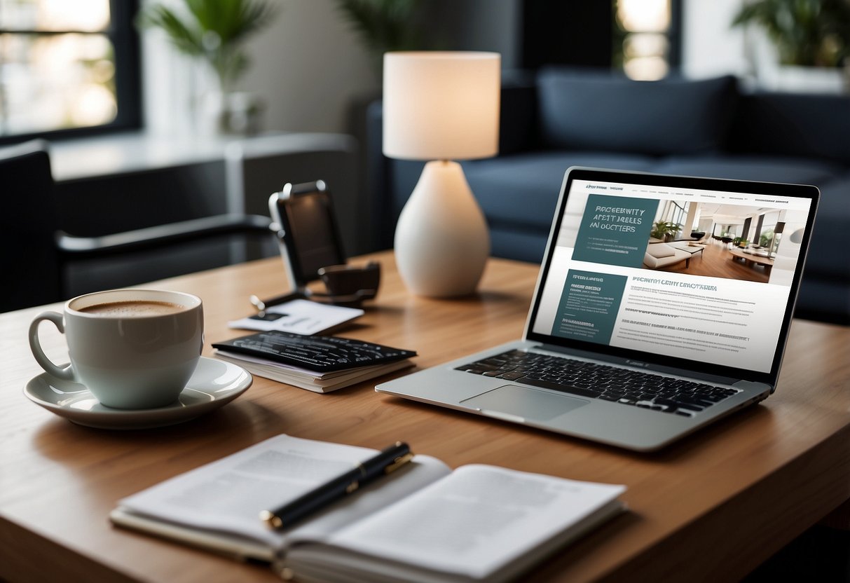 A stack of brochures and a laptop with "Frequently Asked Questions" open on the screen, surrounded by various furniture pieces