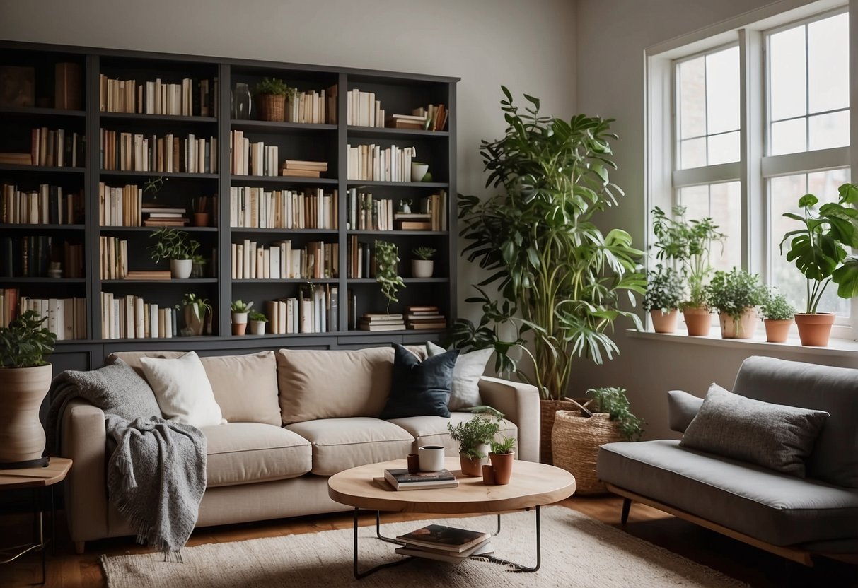 A cozy living room with a modern sofa and coffee table, surrounded by shelves filled with books and decorative items. A large window lets in natural light, and a potted plant adds a touch of greenery