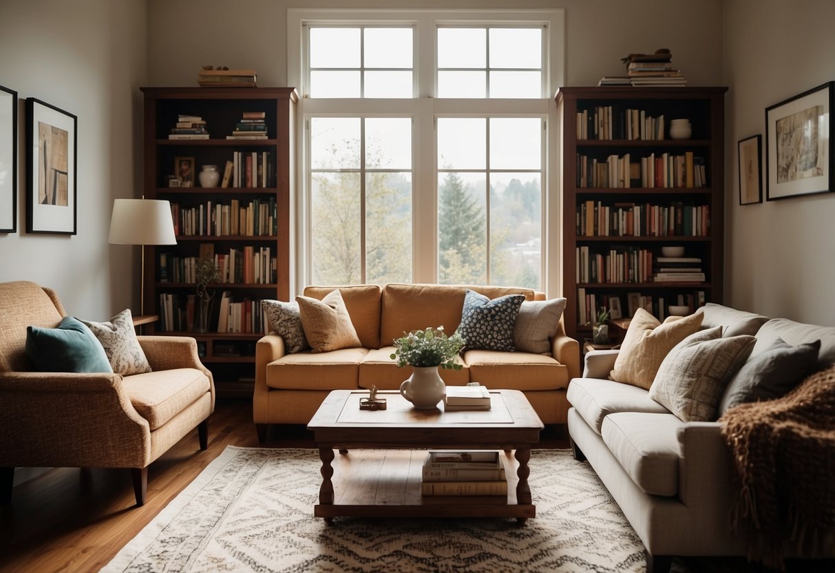 A cozy living room with a plush sofa, wooden coffee table, and a patterned rug. A bookshelf filled with books and decorative items, and a large window letting in natural light