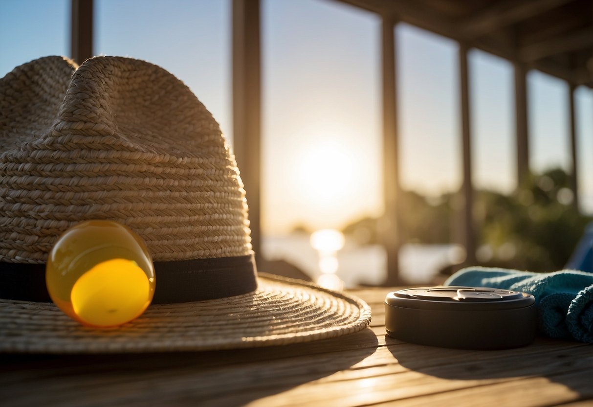 A paddleboarding hat hangs on a hook, surrounded by sunscreen, a water bottle, and a towel. The sun shines through a window, casting a warm glow on the scene