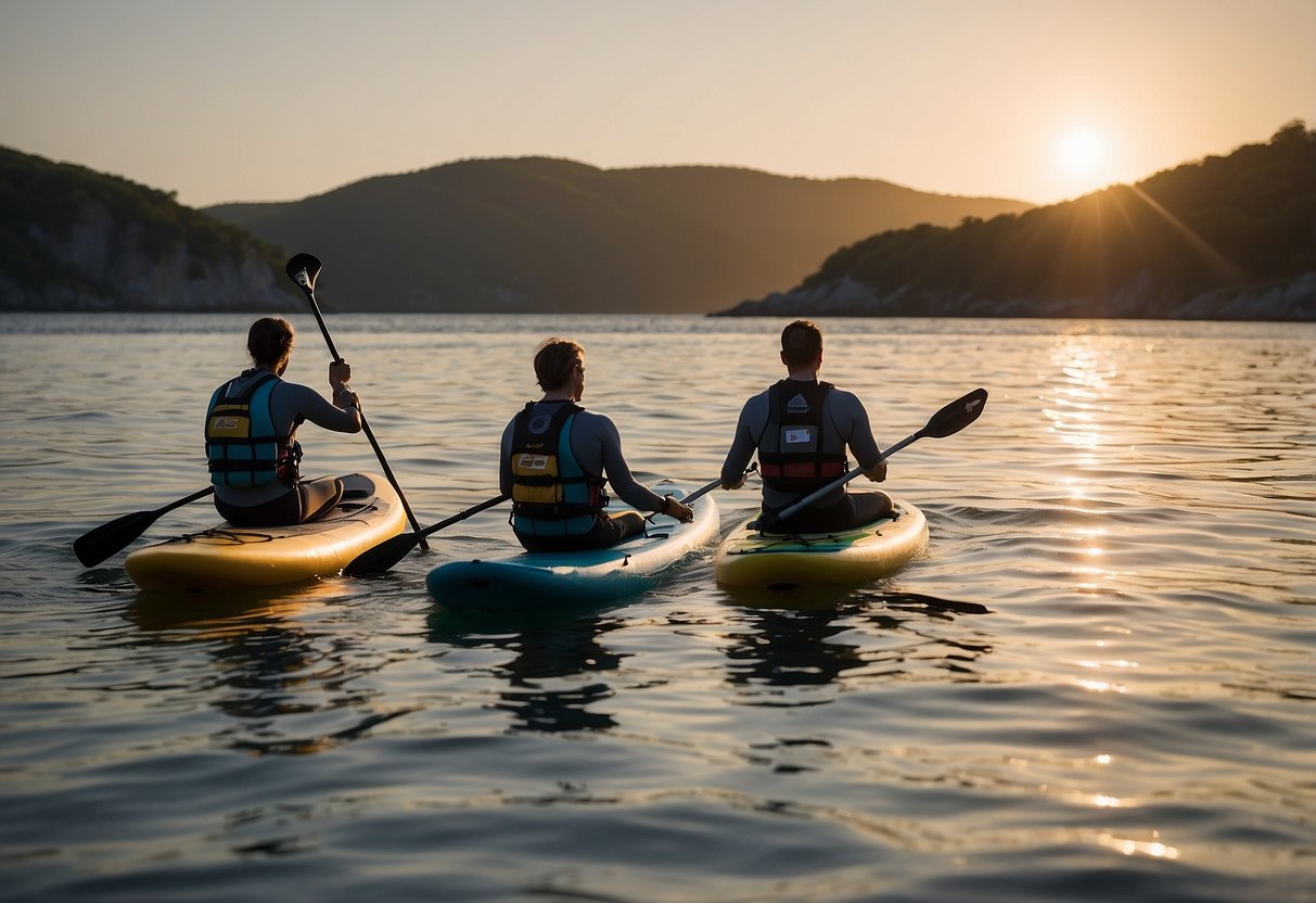 A paddleboarder calmly signals for help while another paddler radios for assistance. Nearby, a group practices rescues and first aid on the shore