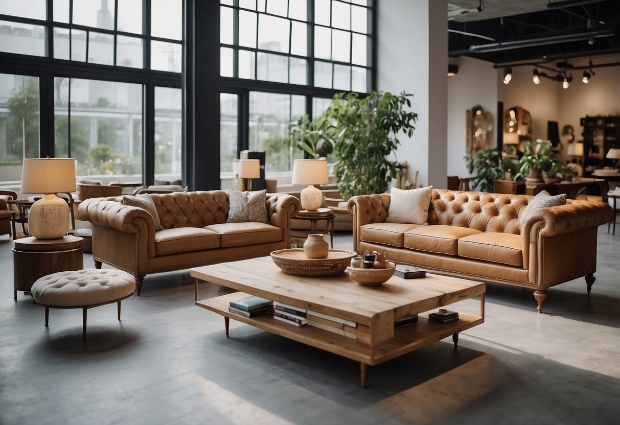 A spacious showroom filled with modern and vintage furniture, bathed in natural light from large windows. Various pieces arranged in stylish vignettes, inviting exploration