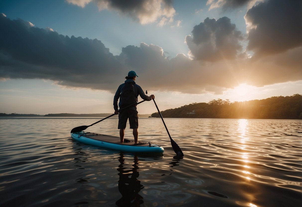 A stand-up paddleboarder checks weather forecasts before heading out. They carry a safety kit with essentials for emergencies