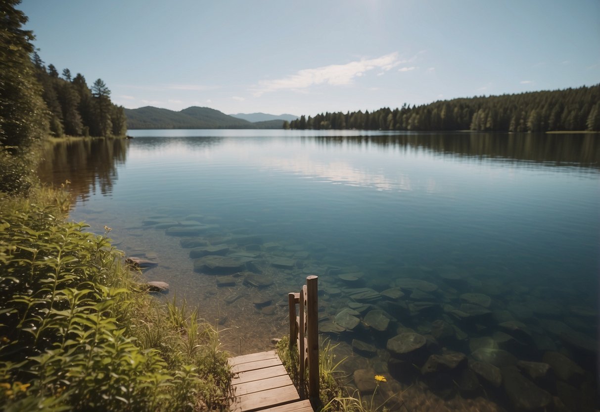 A calm lake with clear signage marking designated paddleboarding areas. Emergency equipment and instructions are visible nearby