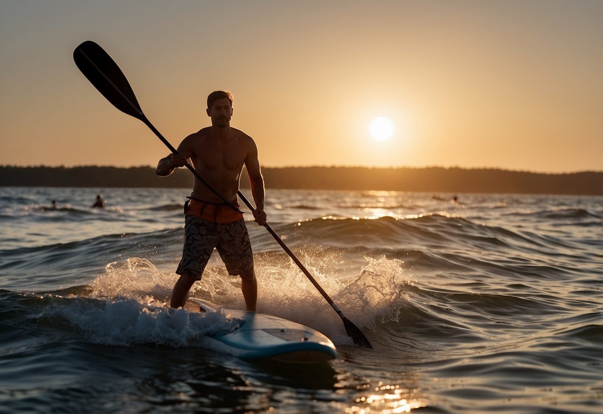 A paddleboarder blows a whistle while navigating rough waters, signaling for help. The sun sets in the background as they remain calm and focused