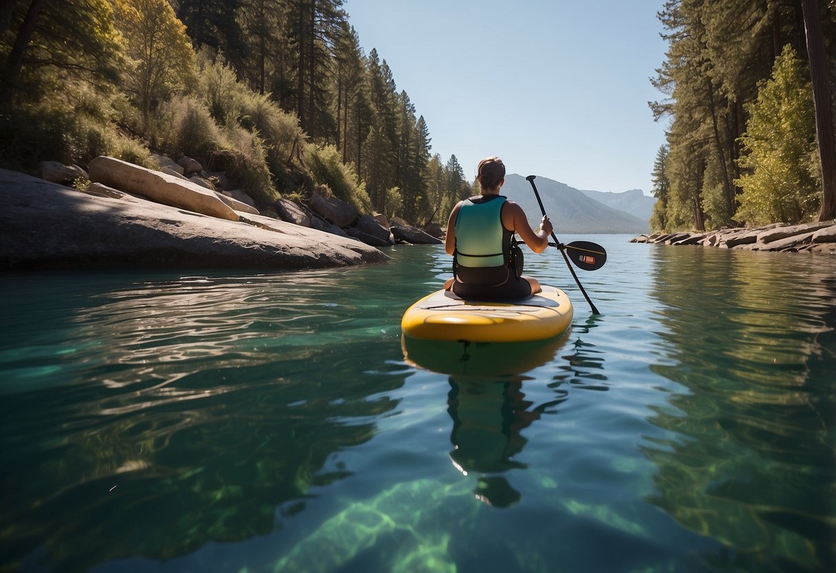 A paddleboarder gestures towards a group, indicating a plan. Nearby, emergency supplies are neatly organized for quick access. The serene water and clear sky suggest a calm environment