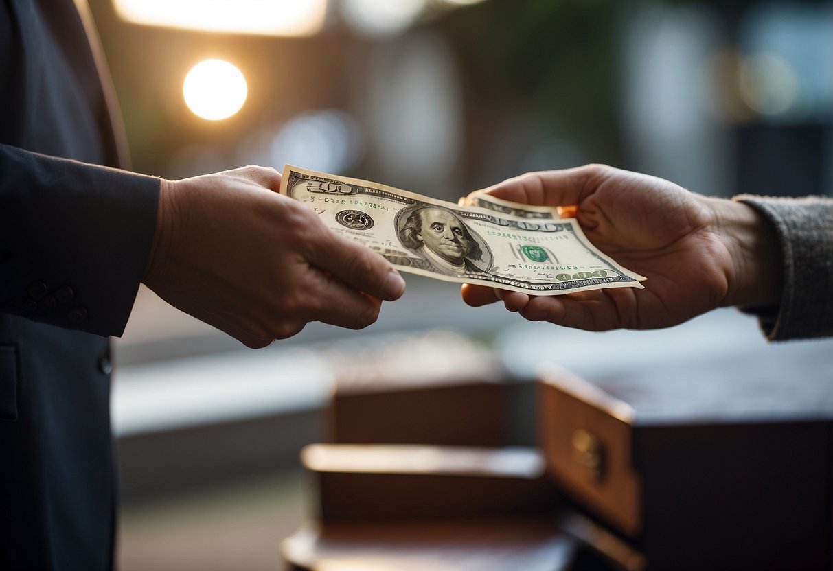 A person handing over money for a piece of furniture, receiving a receipt in return