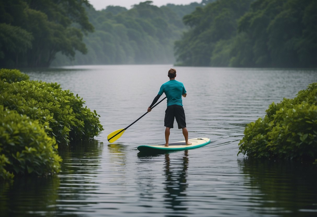 A paddleboarder navigates through calm waters, surrounded by lush greenery. In the distance, a storm approaches, creating a sense of urgency and the need for emergency preparedness