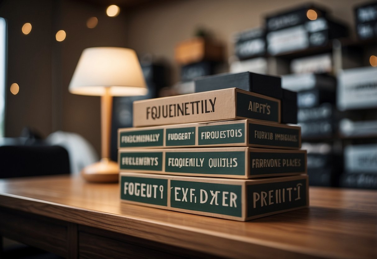 A stack of labeled boxes with "Frequently Asked Questions" sits next to a display of various furniture pieces