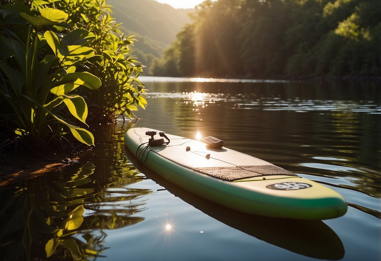 A paddleboard rests on calm water, surrounded by lush greenery. A person's bag sits nearby, filled with a water bottle, sunscreen, and a foam roller. The sun shines overhead, casting a warm glow on the scene