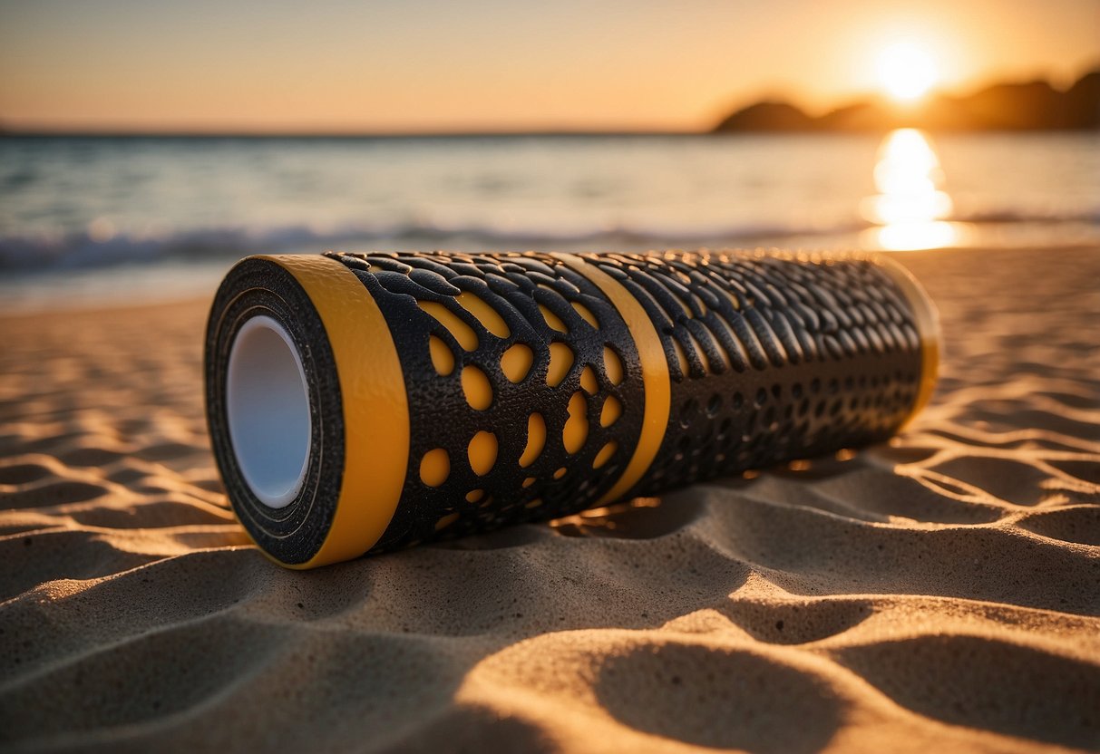 Foam roller placed on a sandy beach next to a paddleboard. Sun setting in the background, creating a warm, golden glow