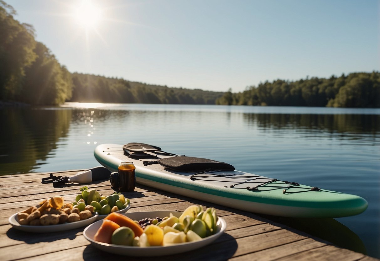 A paddleboard rests on a calm, sunlit lake. A water bottle and healthy snacks are nearby. The surrounding landscape is lush and inviting