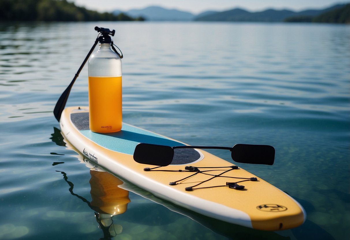 A paddleboard sits on a calm, blue lake. A tube of recovery gel rests on the board, surrounded by a paddle, water bottle, and towel