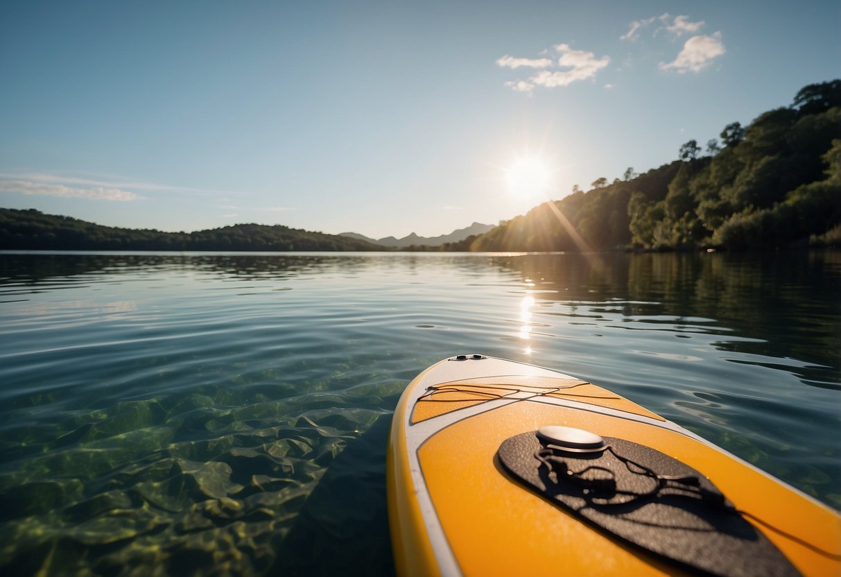 A paddleboard sits on calm water, surrounded by a serene natural landscape. A bottle of magnesium supplements is placed nearby, emphasizing the importance of managing sore muscles during paddleboarding trips