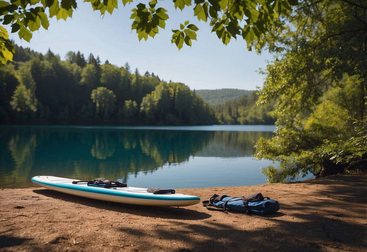 A paddleboard resting on a calm, blue lake shore with a backdrop of lush green trees and a clear sky. A small bag with water and snacks sits nearby