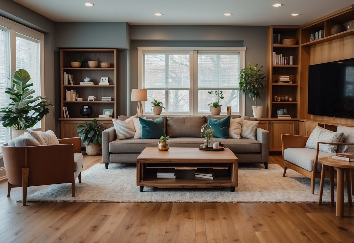 A cozy living room with custom wood furniture, including a handcrafted coffee table, a solid wood bookshelf, and a sleek wooden entertainment center