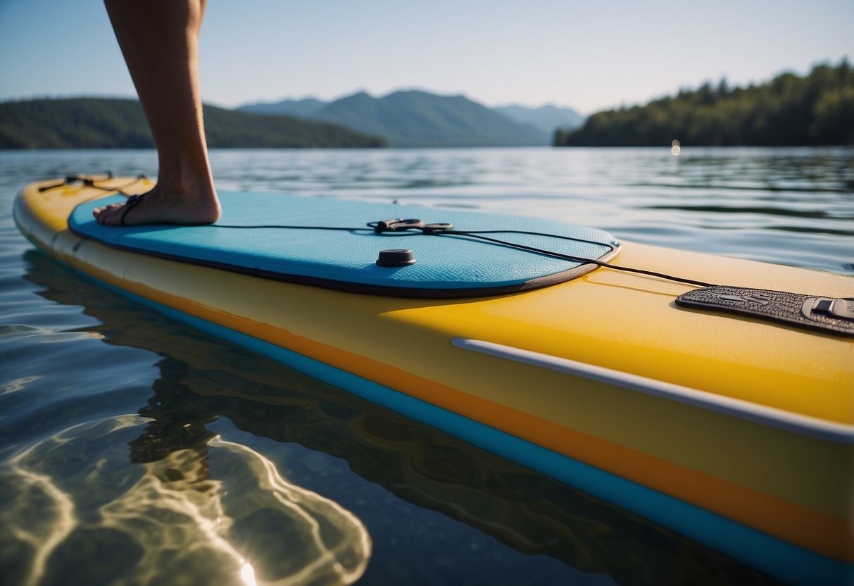 A paddleboard lies on a calm, blue lake. A bag of ice, foam roller, and sunscreen sit nearby. A person's feet are visible, stretching before hitting the water