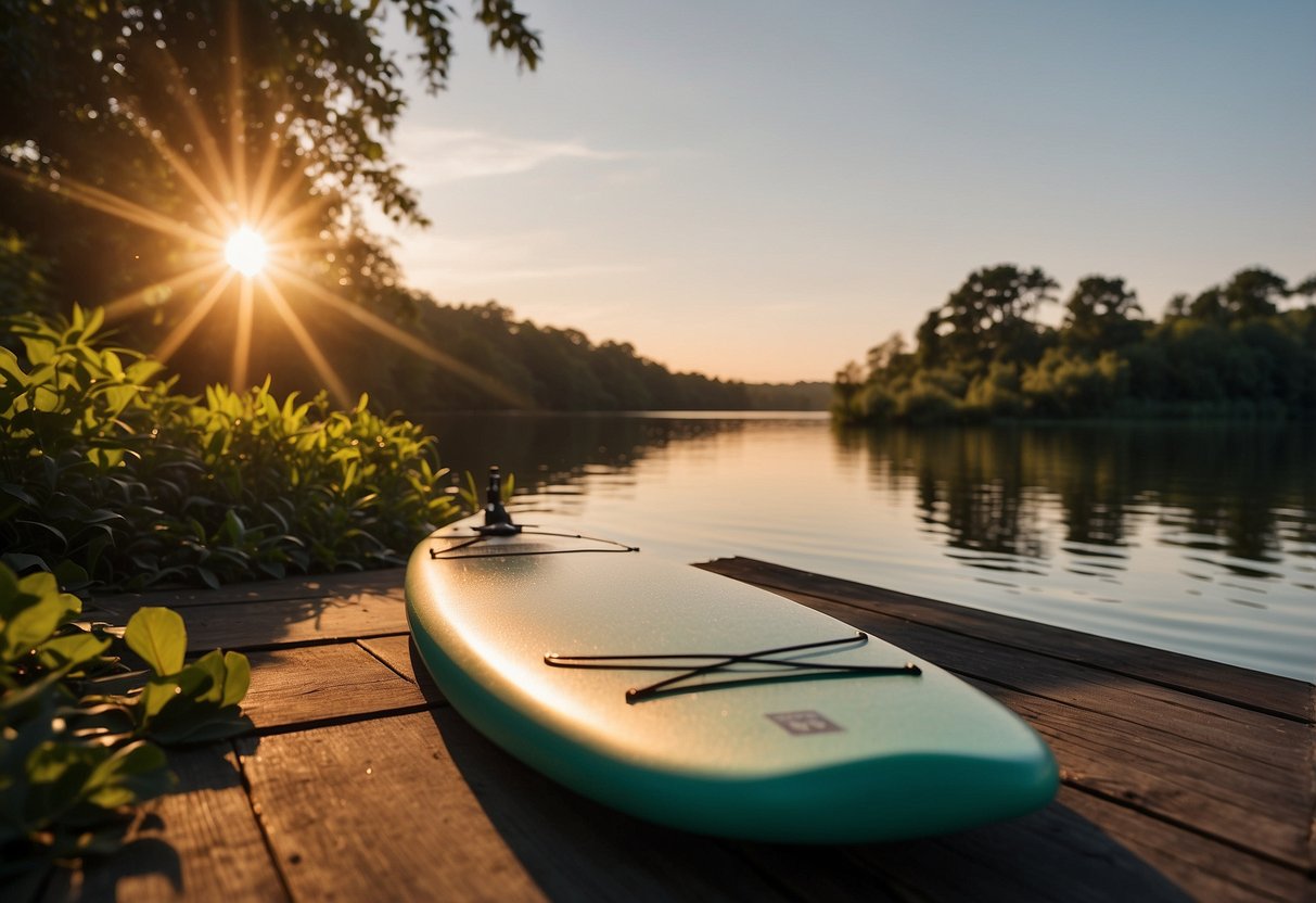 A paddleboard rests on a peaceful lake shore. Nearby, a foam roller and water bottle sit on a yoga mat, surrounded by lush greenery. The sun sets in the distance, casting a warm glow over the scene