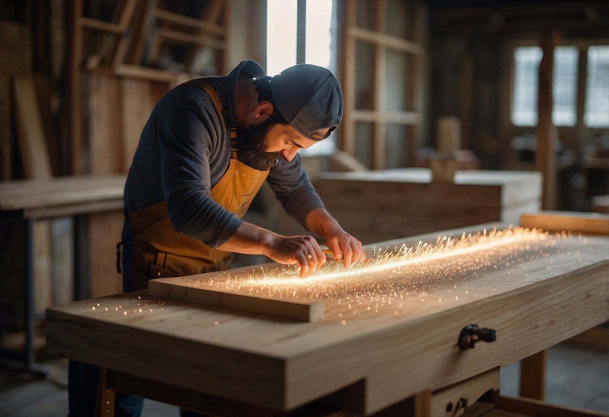 A carpenter shaping a unique wood table with intricate designs