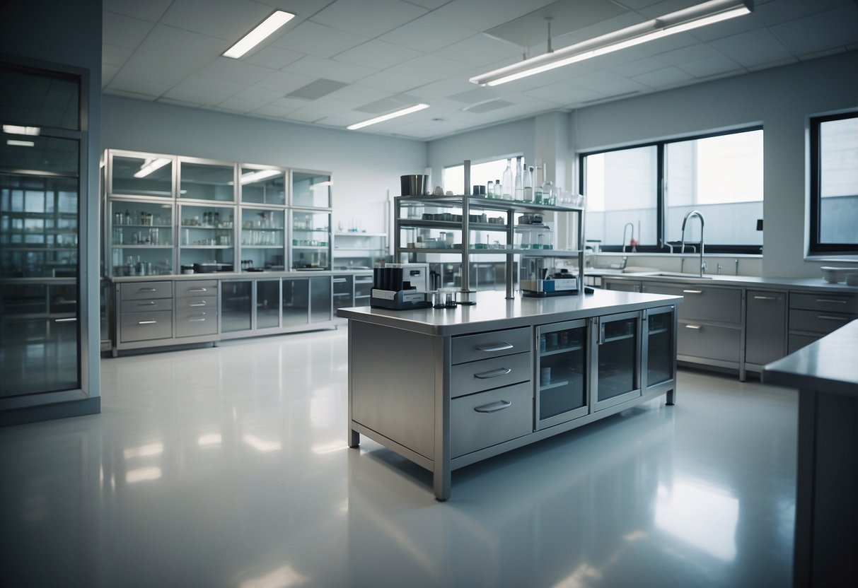 A modern laboratory with sleek steel furniture and clean lines, showcasing the durability and functionality of the material