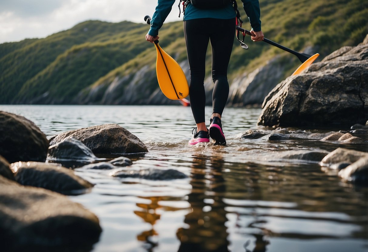 A rocky shore with calm waters, a paddleboarder wearing sturdy, grippy shoes navigating through the rocky terrain