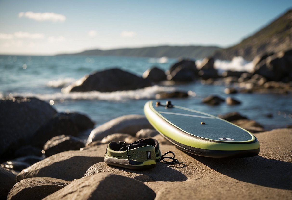 A rocky shoreline with waves crashing against the jagged terrain. Paddleboarding shoes lay nearby, ready for action on the challenging Astral Loyak 5 terrain