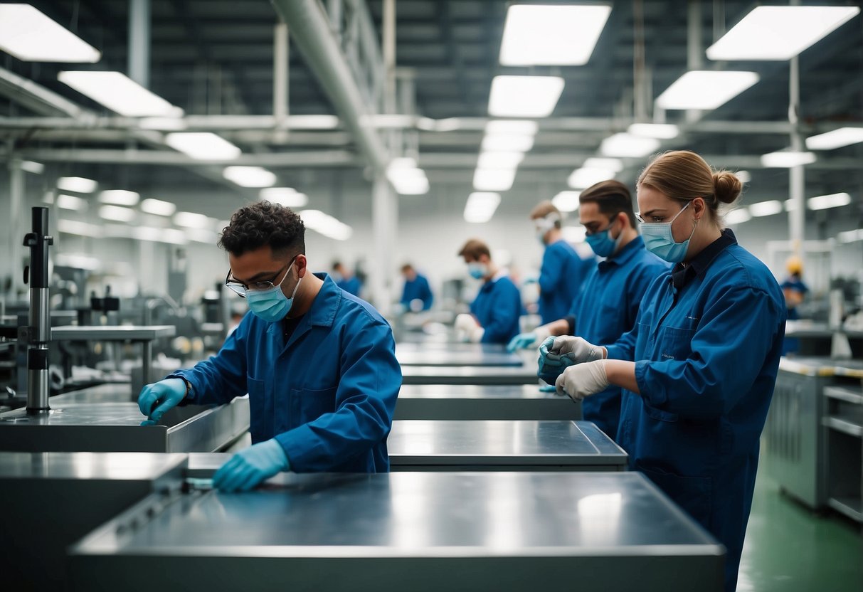 Steel lab furniture being manufactured and installed in a spacious, well-lit factory setting. Workers are seen assembling and fitting the sturdy, sleek pieces together