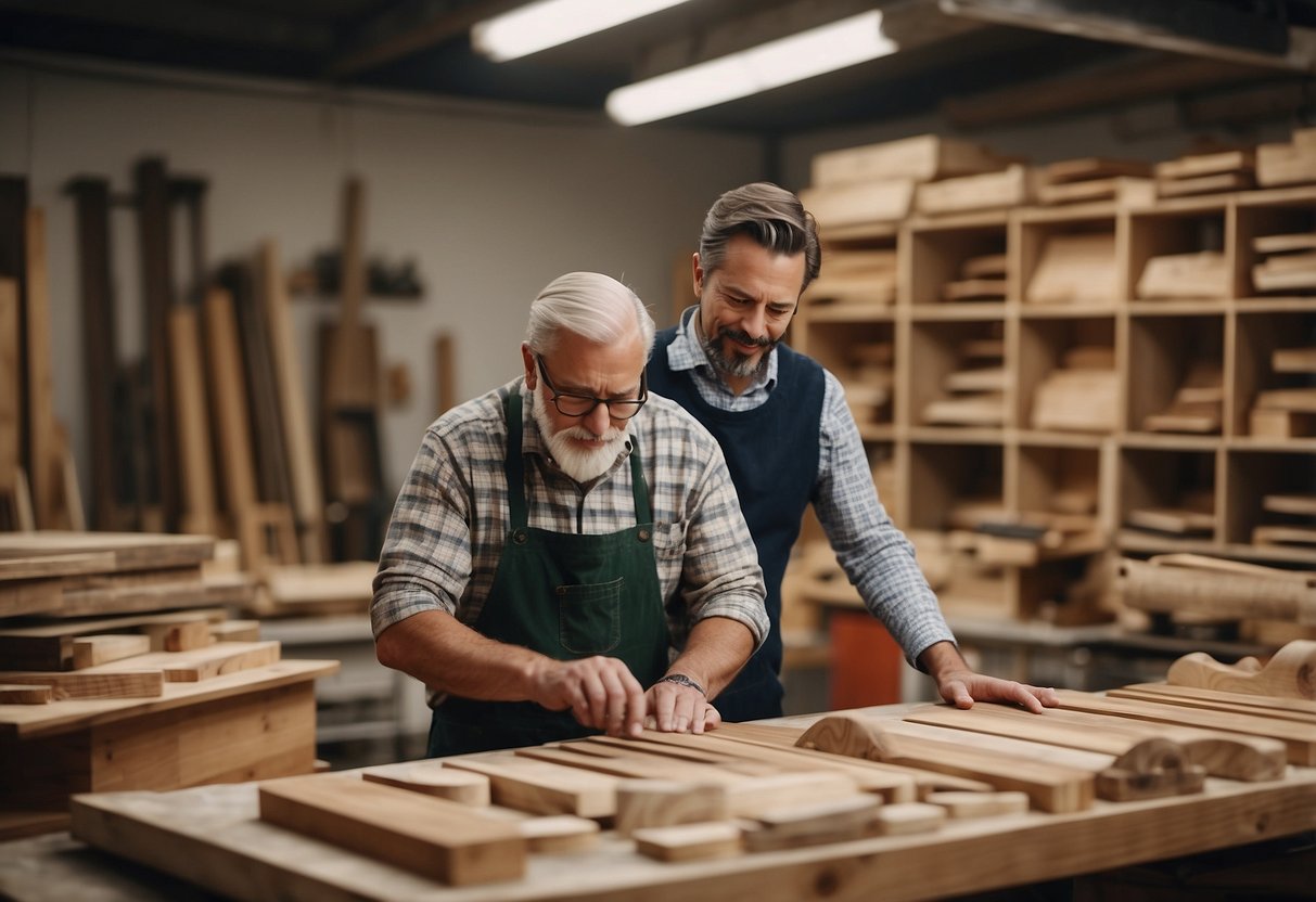 A customer discussing wood options with a furniture maker in a workshop filled with various wood samples and finished pieces