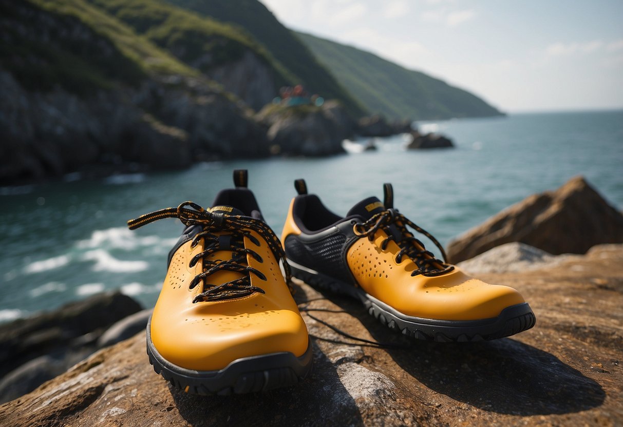 A pair of Vibram Signa 5 paddleboarding shoes on a rugged, rocky terrain with water and waves in the background