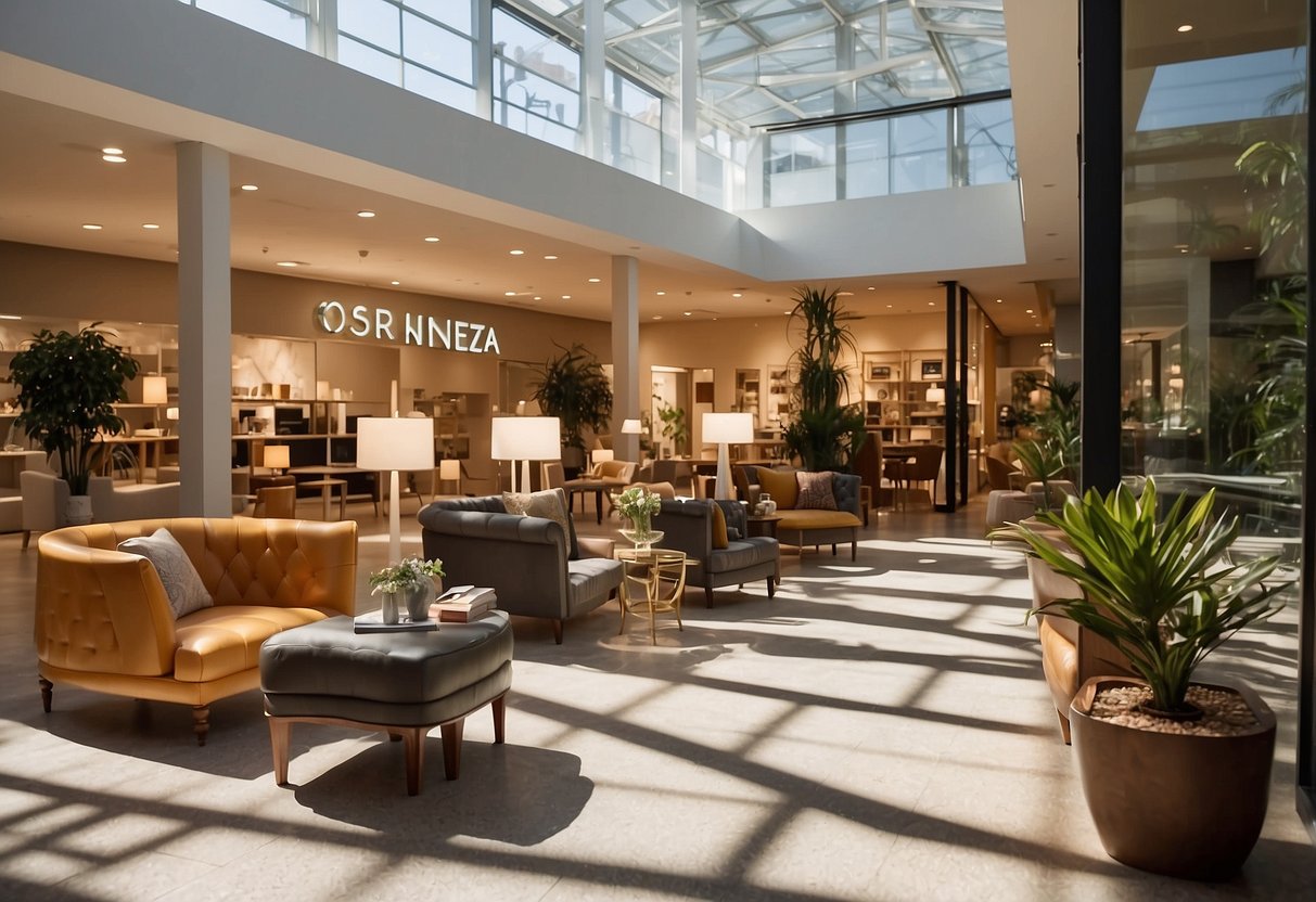 The sun plaza furniture shop is bathed in warm sunlight, with stylish displays and a welcoming entrance. Customers browse the sleek, modern designs and cozy home furnishings
