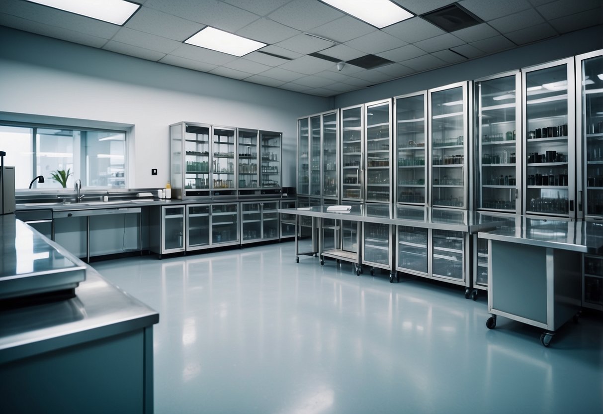 A laboratory with steel furniture arranged in an organized manner, with shelves, cabinets, and workstations