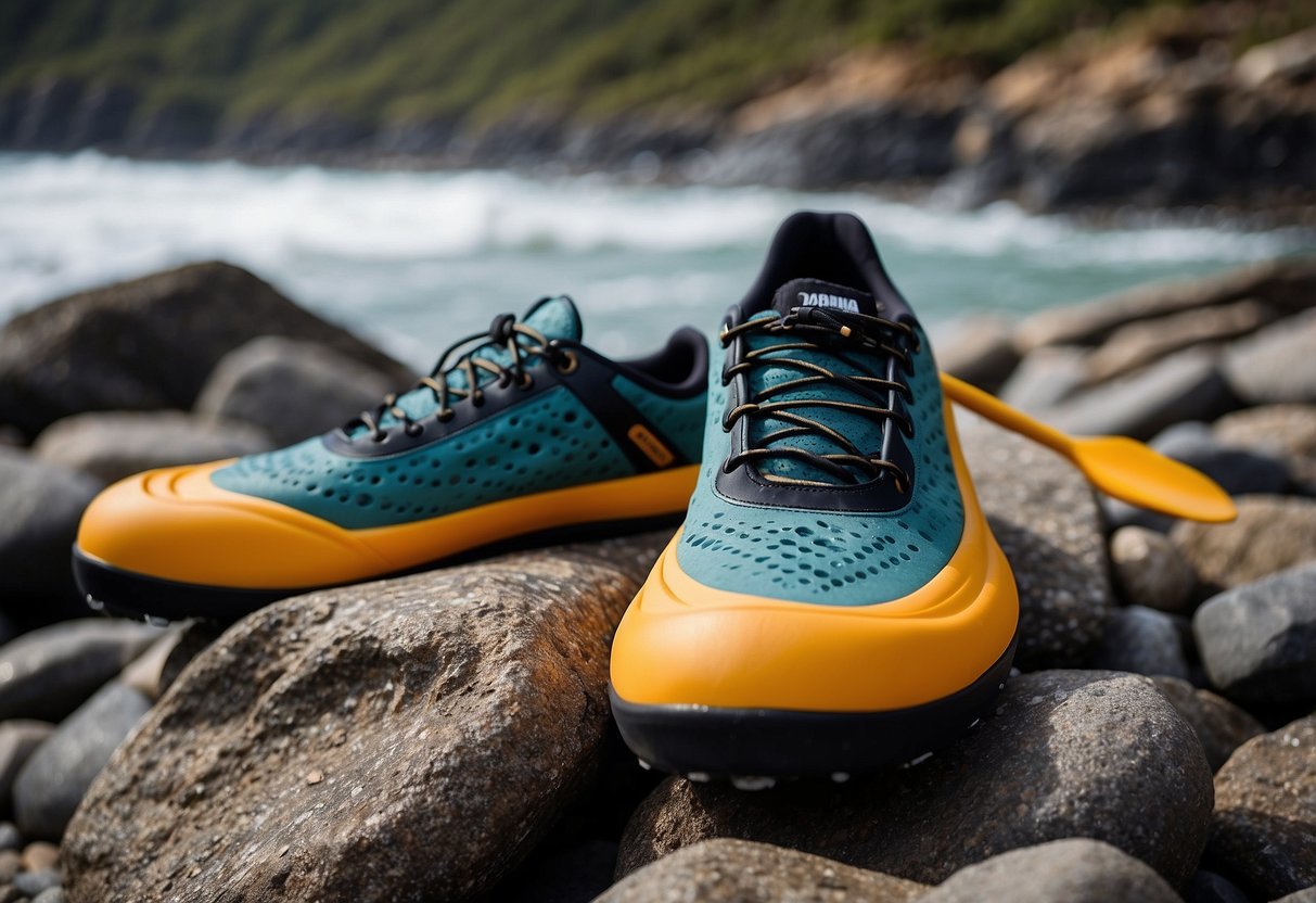 The Columbia Drainmaker IV paddleboarding shoes navigate rocky terrain. Show a rugged coastline with waves crashing against jagged rocks, and a pair of the shoes placed on a sturdy paddleboard