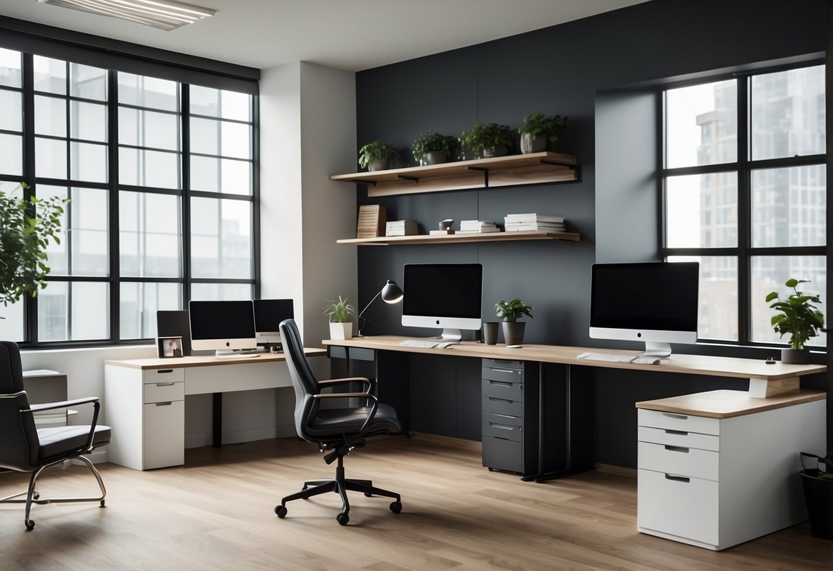 A modern office with sleek, minimalist furniture, including desks, chairs, and storage units. Clean lines and neutral colors create a professional and organized atmosphere