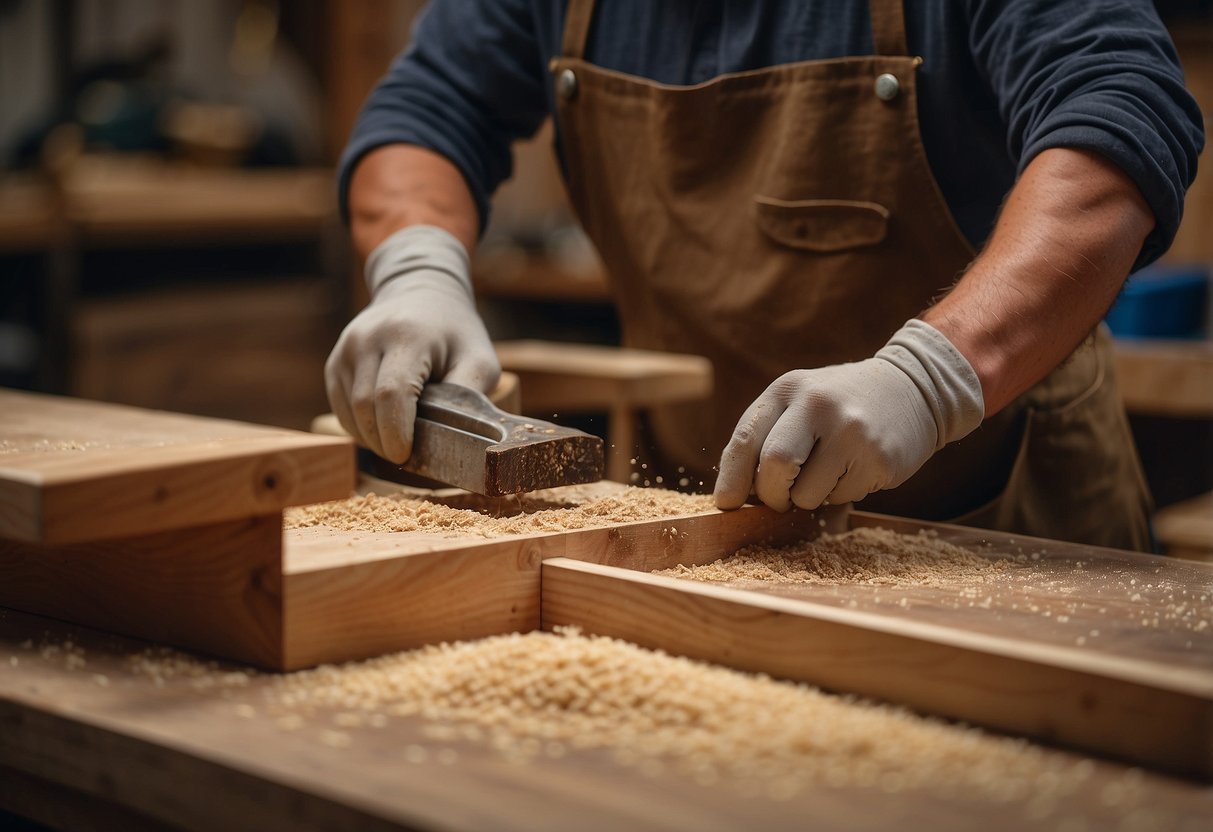 A carpenter crafting a custom wood furniture piece in a workshop. Sawdust fills the air as the artisan meticulously hones the details