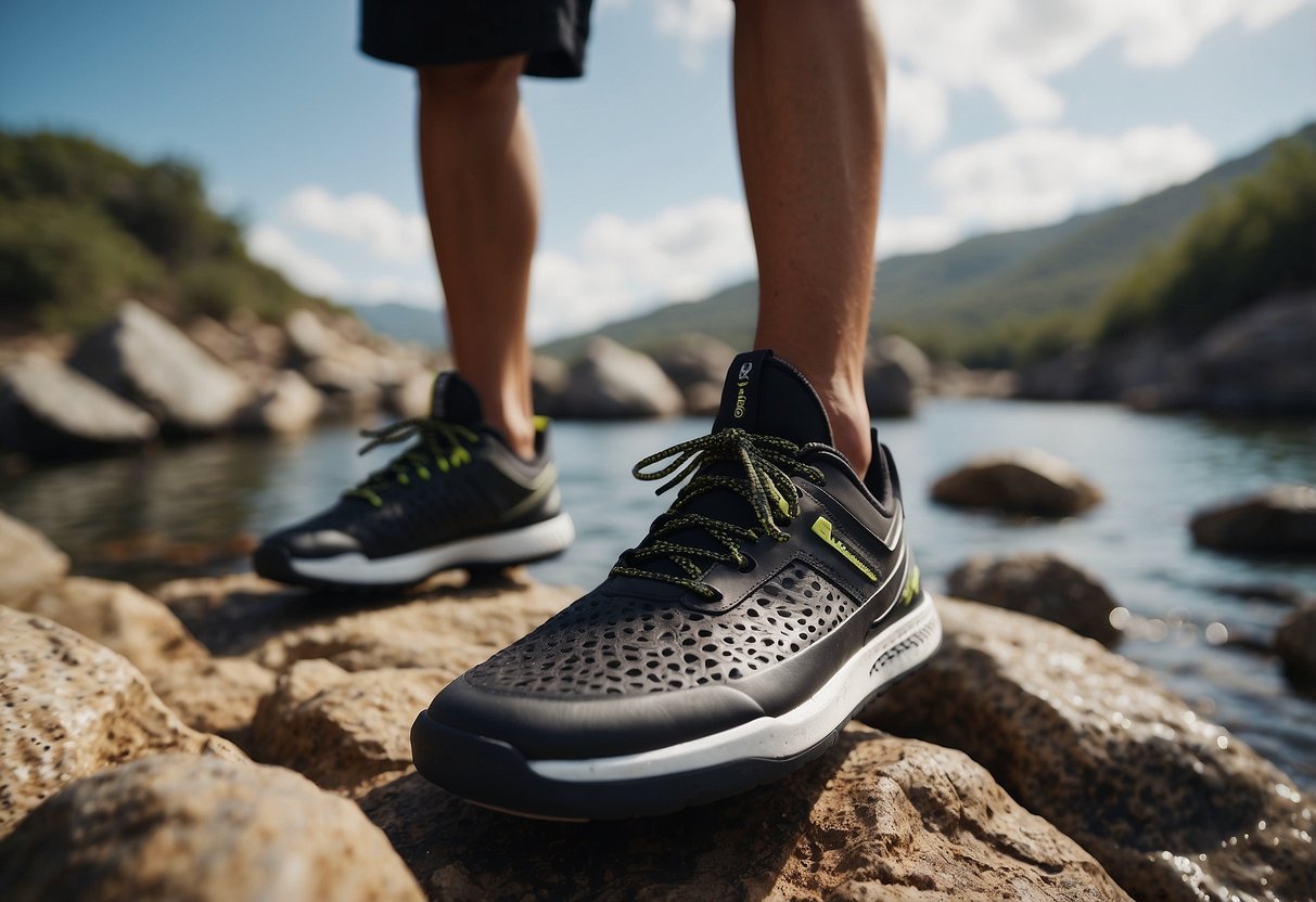 Paddleboarding shoes on rocky terrain. Shoes being cleaned and dried. Top 5 shoes displayed