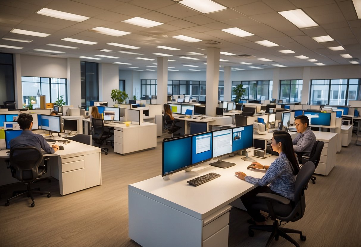 Employees browse modern desks, chairs, and shelves at Jiji Office Furniture showroom. Bright lighting highlights sleek designs and vibrant colors