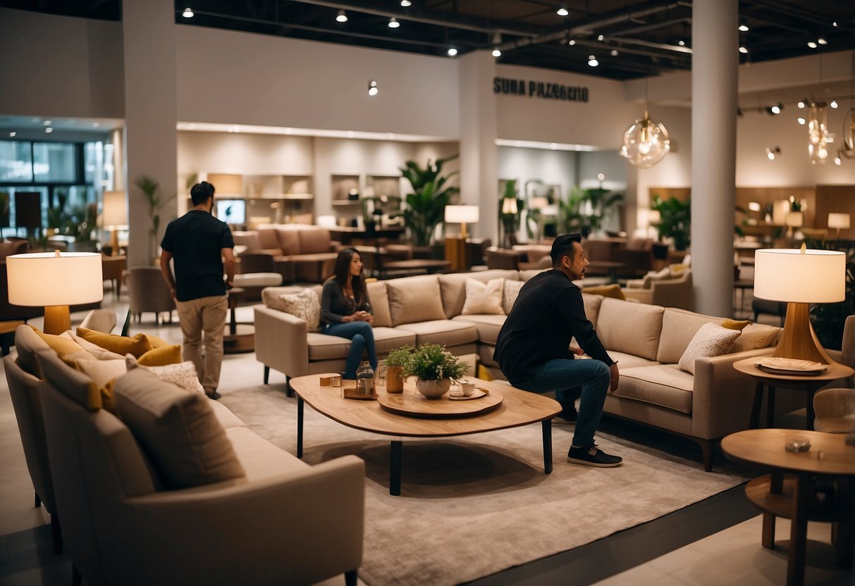 Customers browsing through modern and classic furniture displays at Sun Plaza's furniture shop