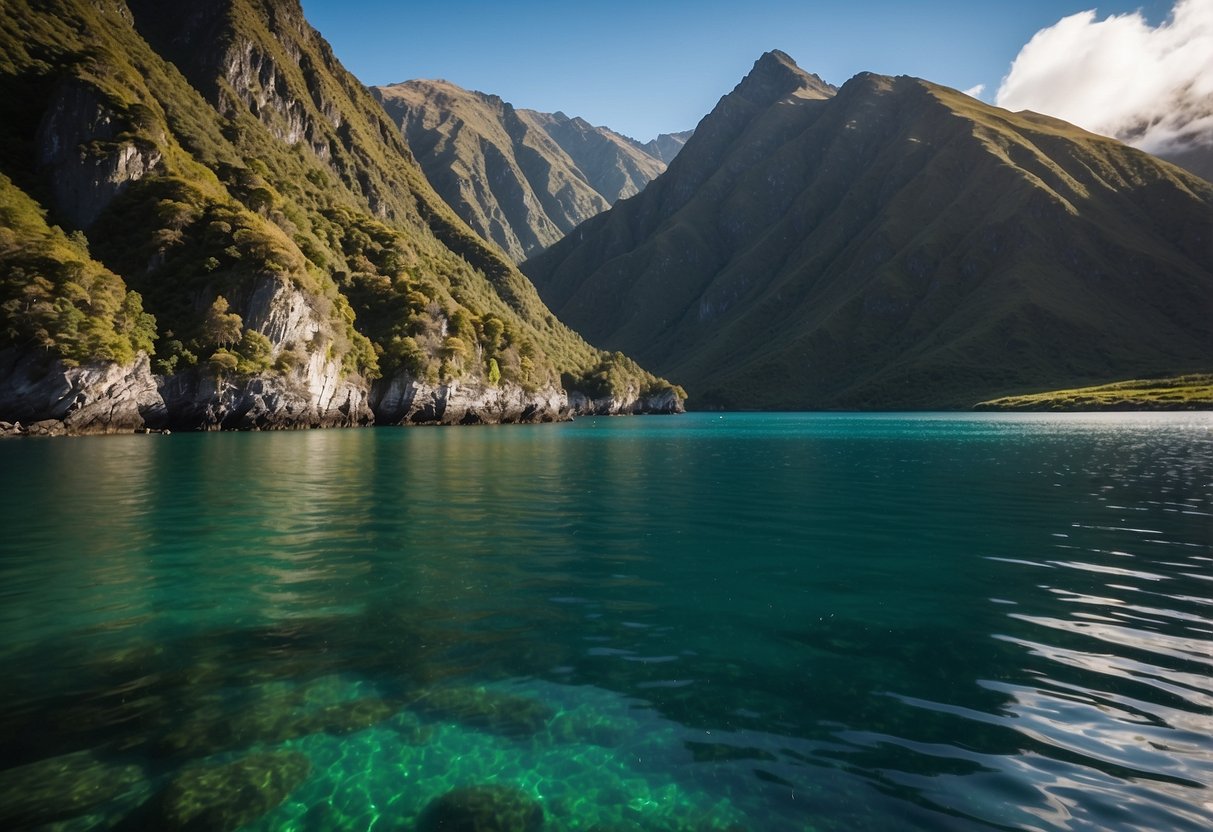 Crystal clear waters surround a lone paddleboarder gliding past lush green cliffs and snow-capped mountains in New Zealand's top paddleboarding destinations