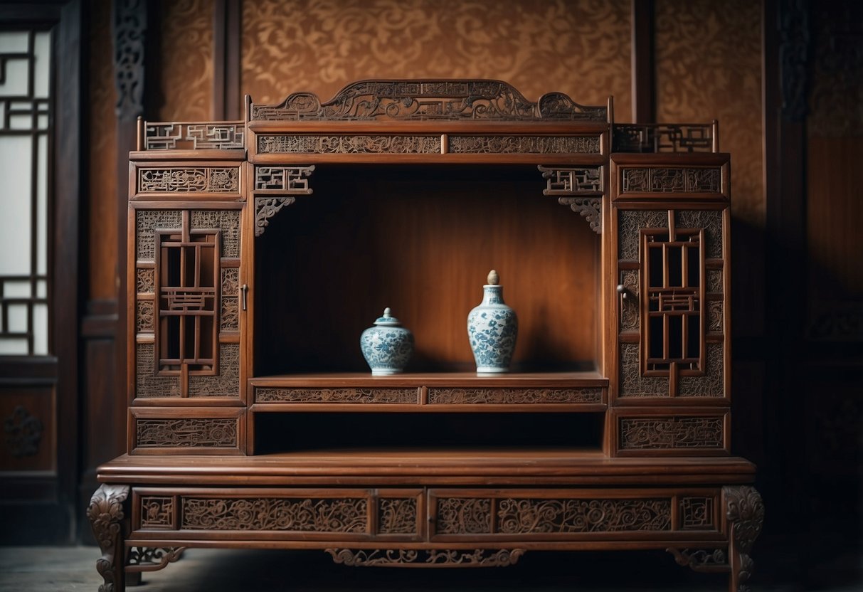 Antique Chinese furniture arranged in a dimly lit room with intricate carvings and ornate details