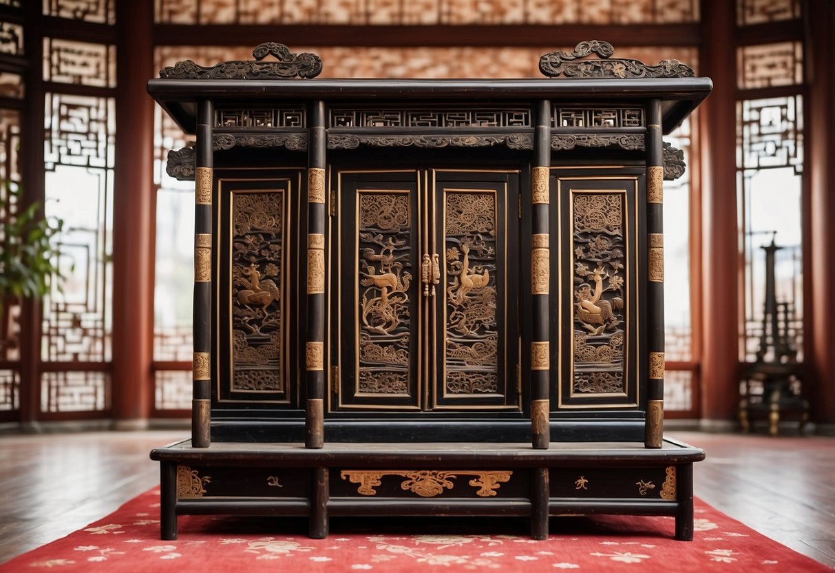 Ancient Chinese furniture in a grand hall, adorned with ornate carvings and intricate lacquer work, showcasing the historical significance and traditional styles