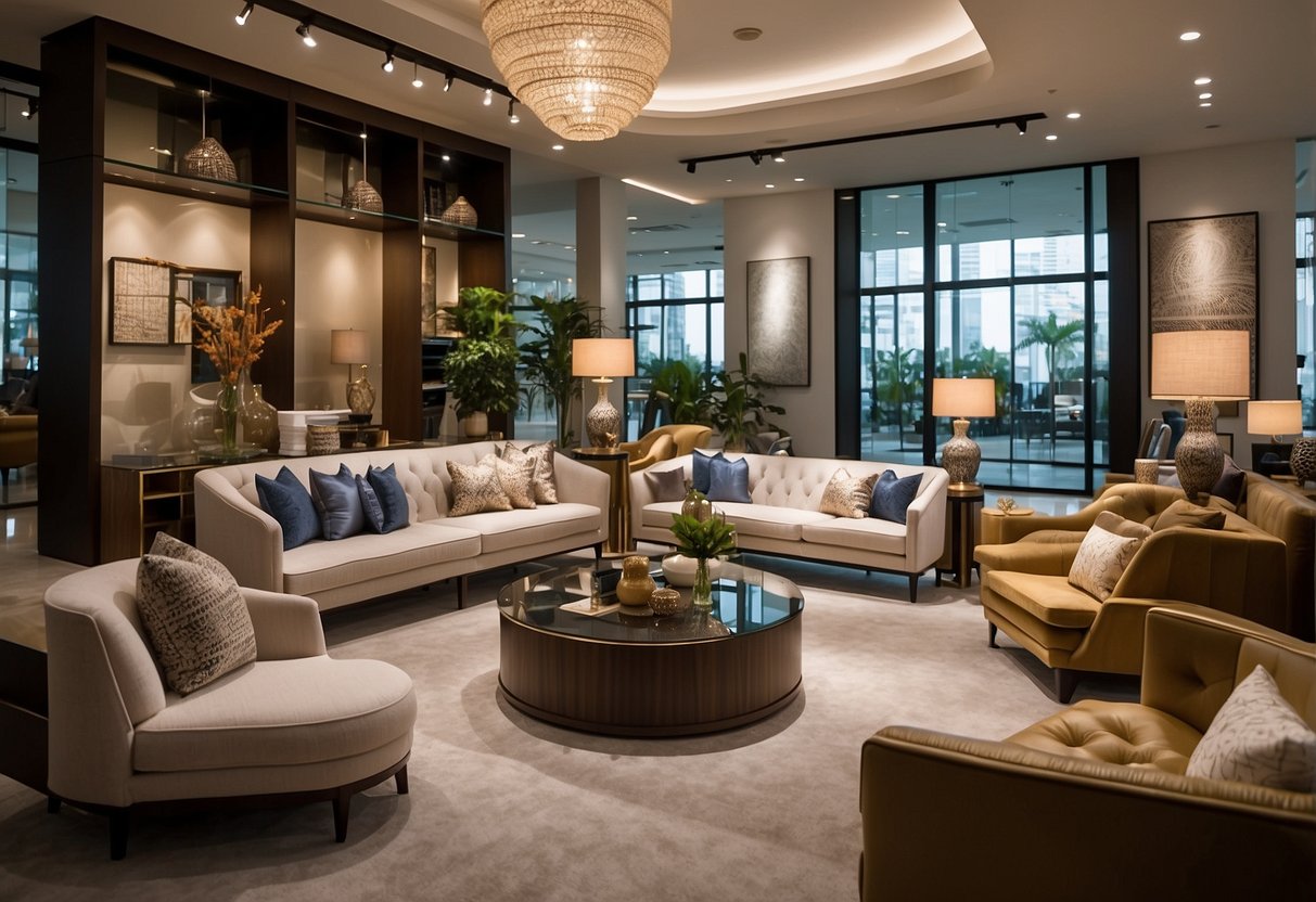 The sunlit showroom at Sun Plaza furniture shop showcases modern and elegant pieces. Customers browse, while staff offer assistance and personalized service