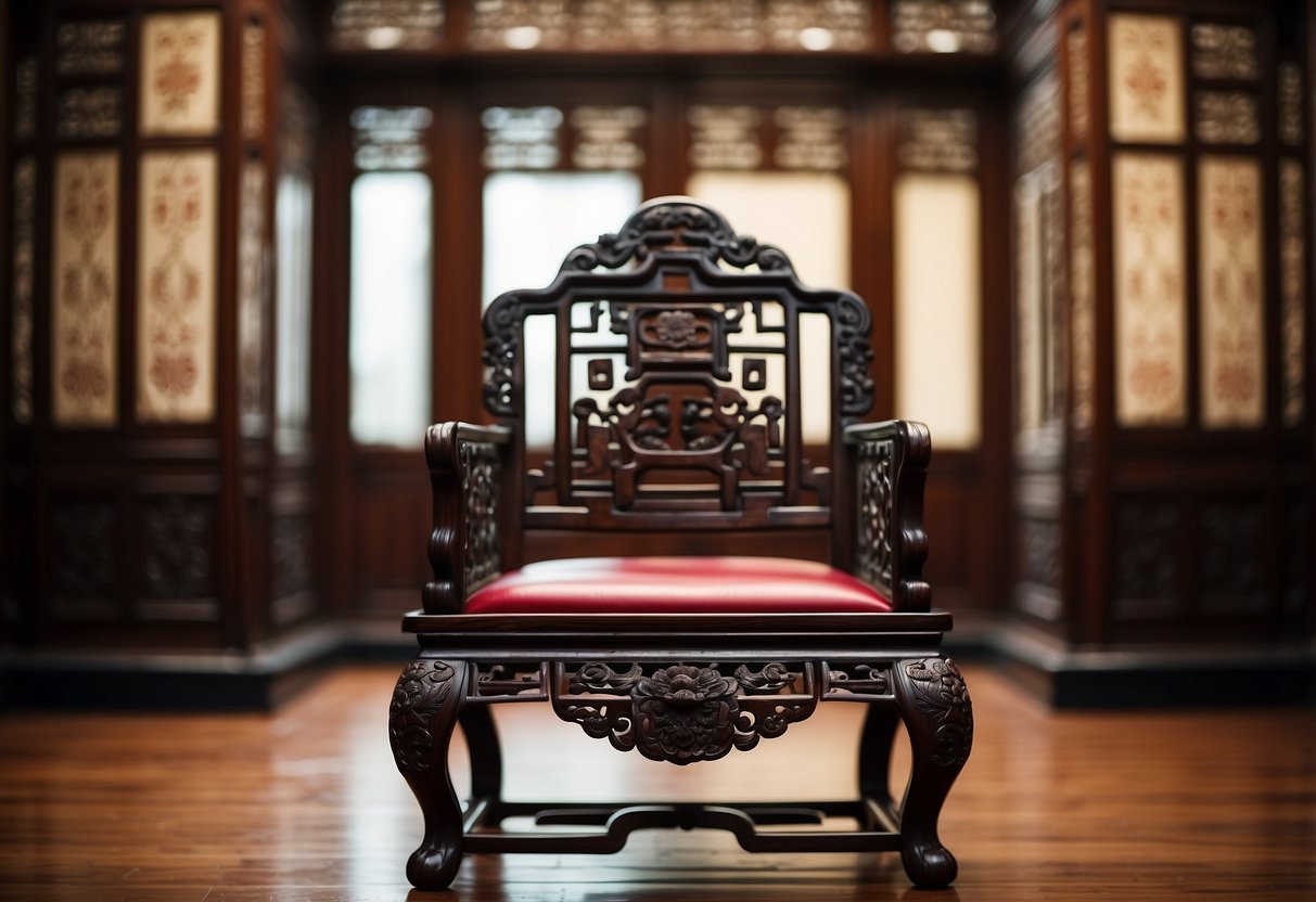 An intricately carved rosewood chair stands on a polished wood floor, surrounded by lacquered cabinets and ornate screens. Rich, deep hues and delicate detailing showcase the skilled craftsmanship of old Chinese furniture