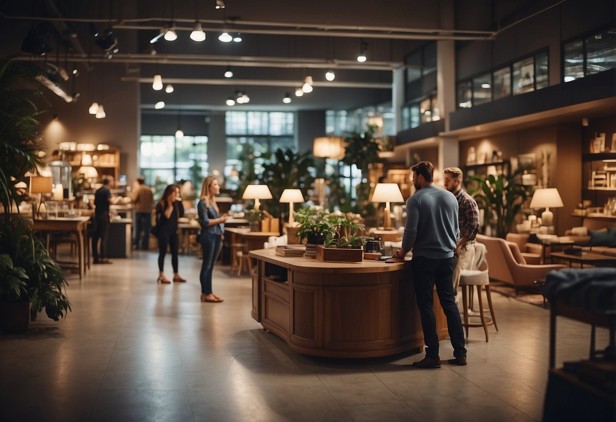 A bustling furniture shop with customers browsing, staff assisting, and a prominent "Frequently Asked Questions" sign displayed
