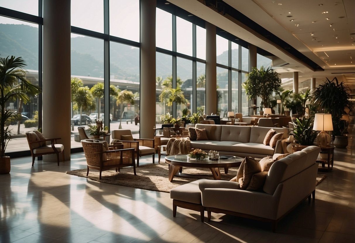 A bustling furniture mall on Beach Road, filled with modern and classic pieces, bathed in natural light from large windows